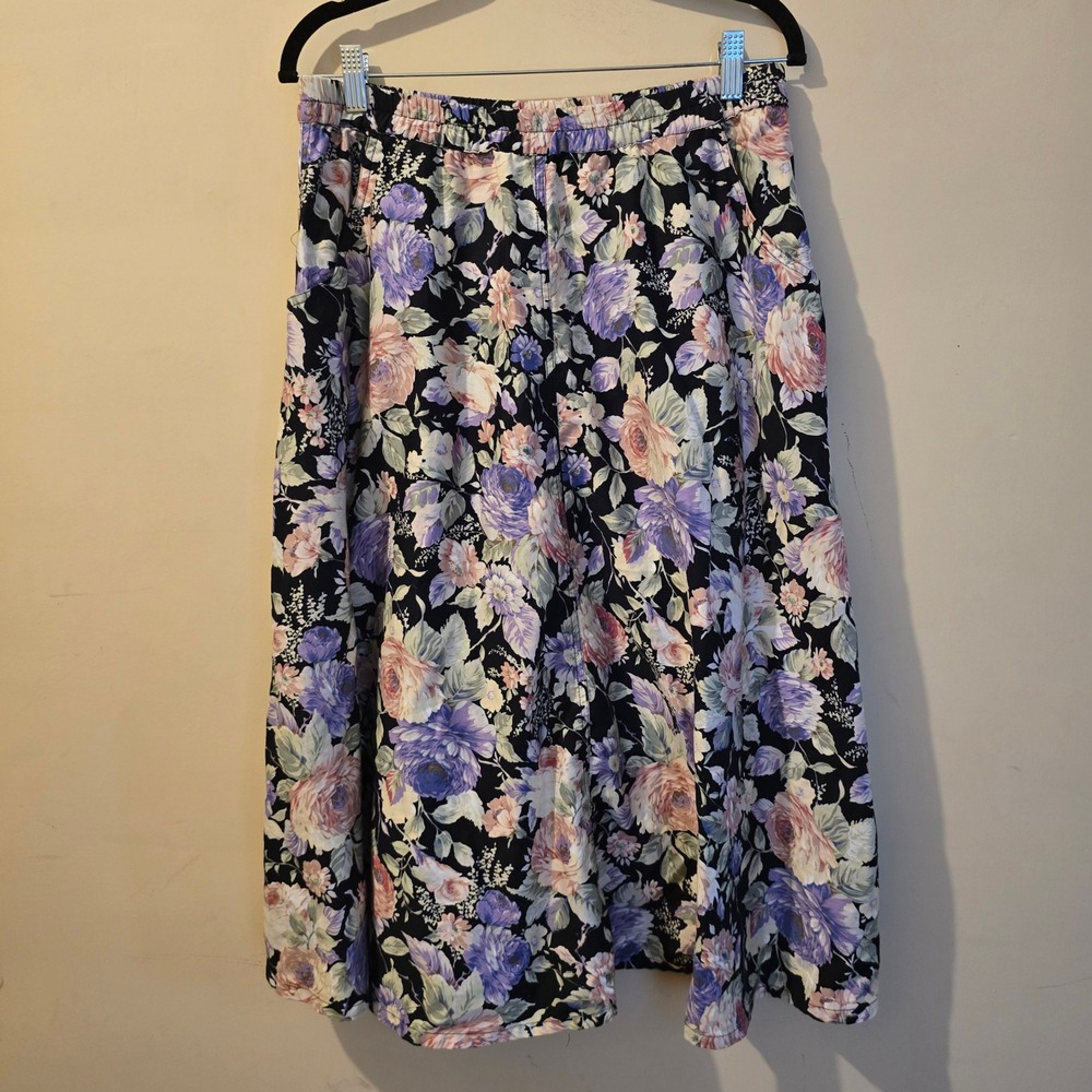 Vintage 90s Helen Fabrikant Skirt Womens 16 Black Floral Cotton Midi Pockets